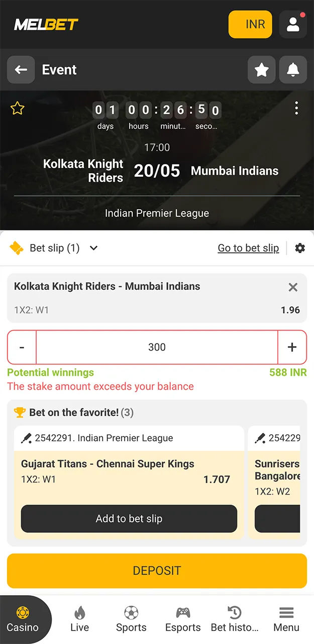 Claim your Melbet bonus and place your first bet on a cricket match.